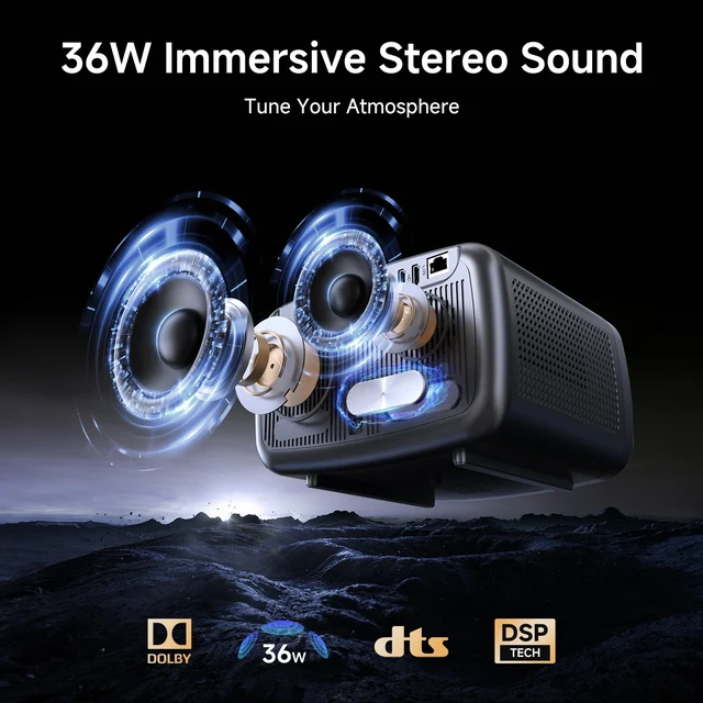 JY821 speaker illustration showing its 36W built-in audio system