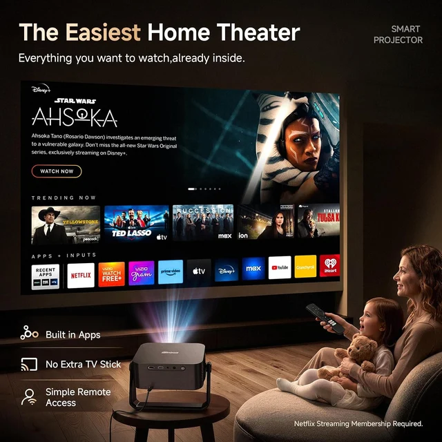 YG381 180-degree projector showing a movie in a family living-room setup
